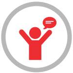 Grey circle with icon of person holding hands up with chat box next to head